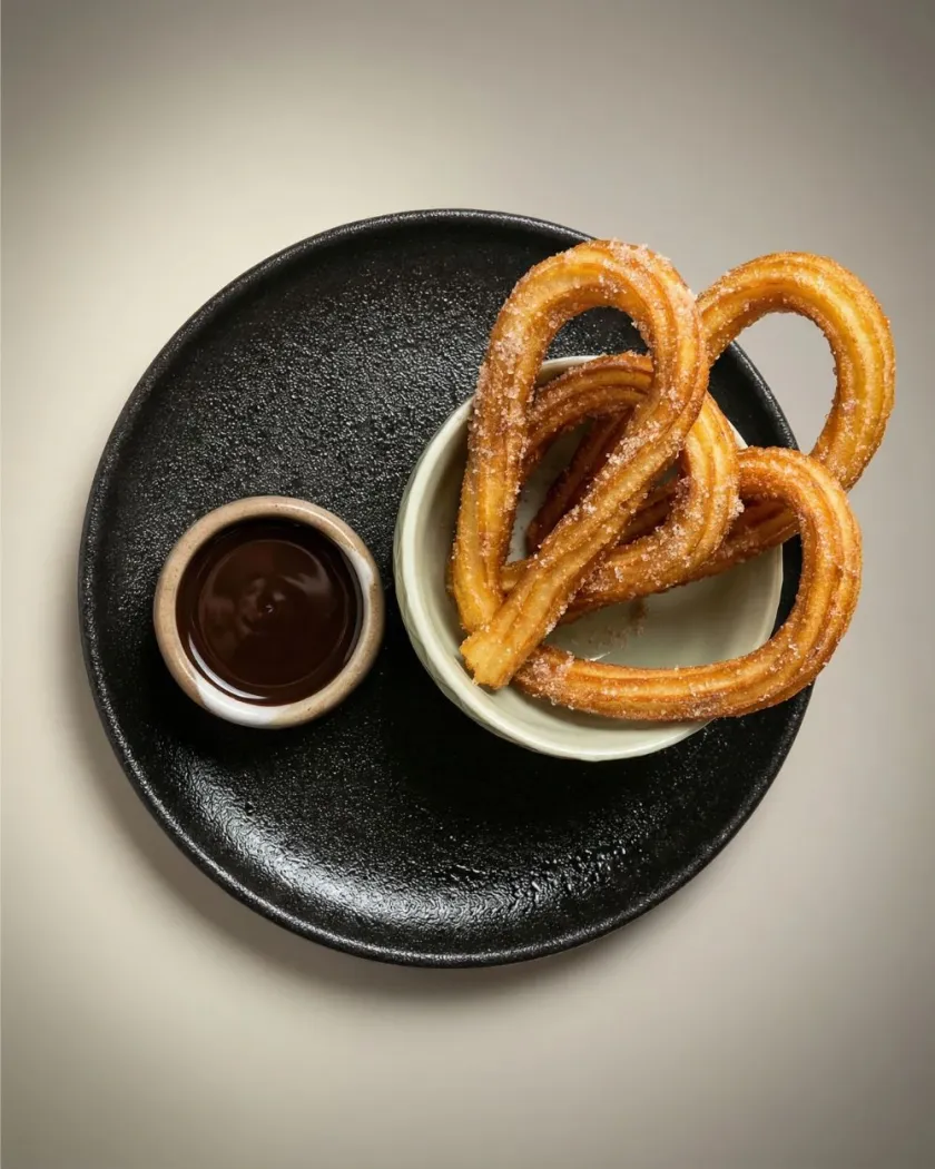 Churros cu sos de ciocolată pe farfurie neagră: poza de pe masa de lemn și varianta pe fundal gri deschis, după