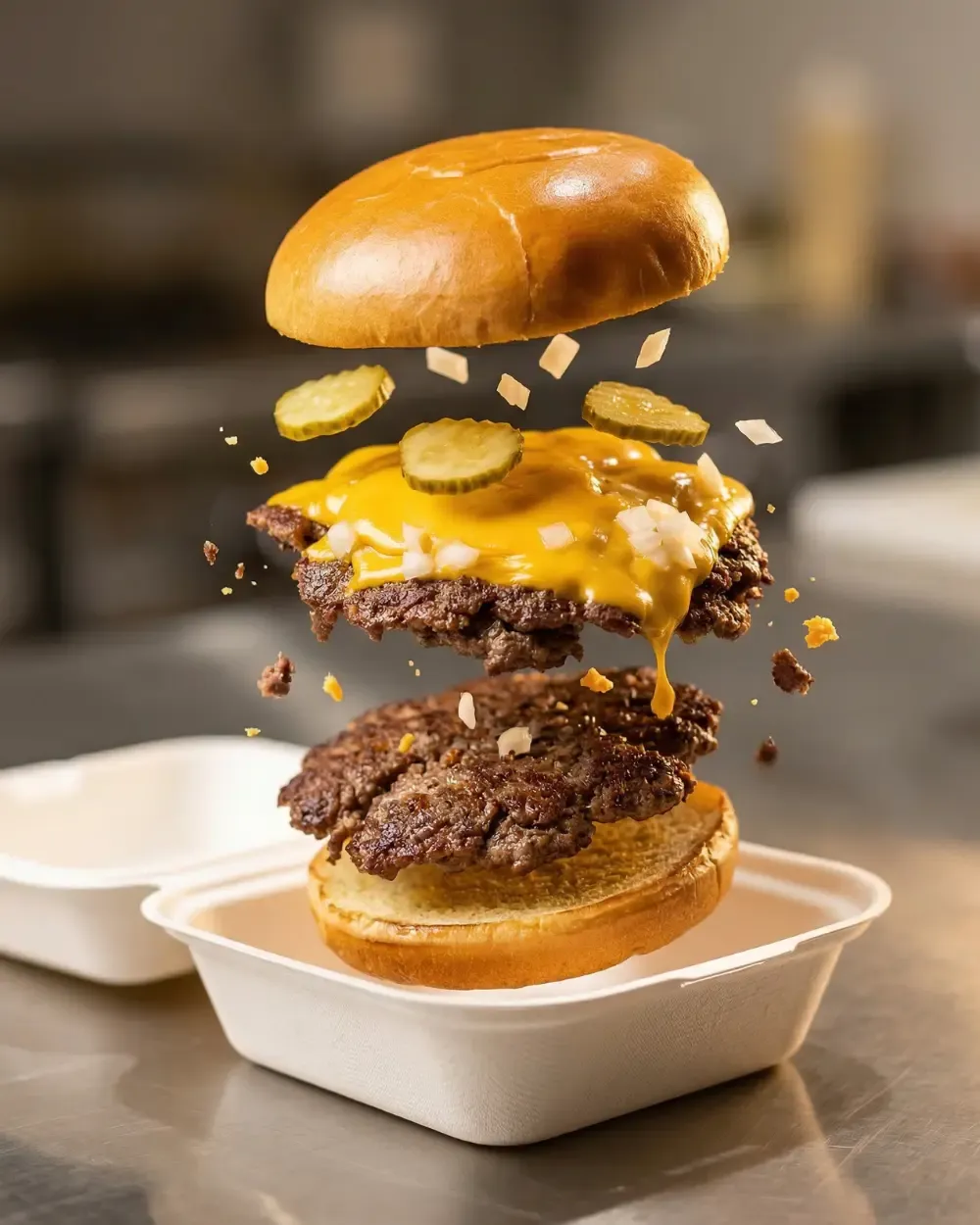 Burger dublu cu cheddar, castraveți murați și ceapă, cu straturile ridicate deasupra unei cutii albe de livrare