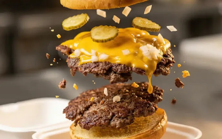 Burger dublu cu cheddar, castraveți murați și ceapă, cu straturile ridicate deasupra unei cutii albe de livrare