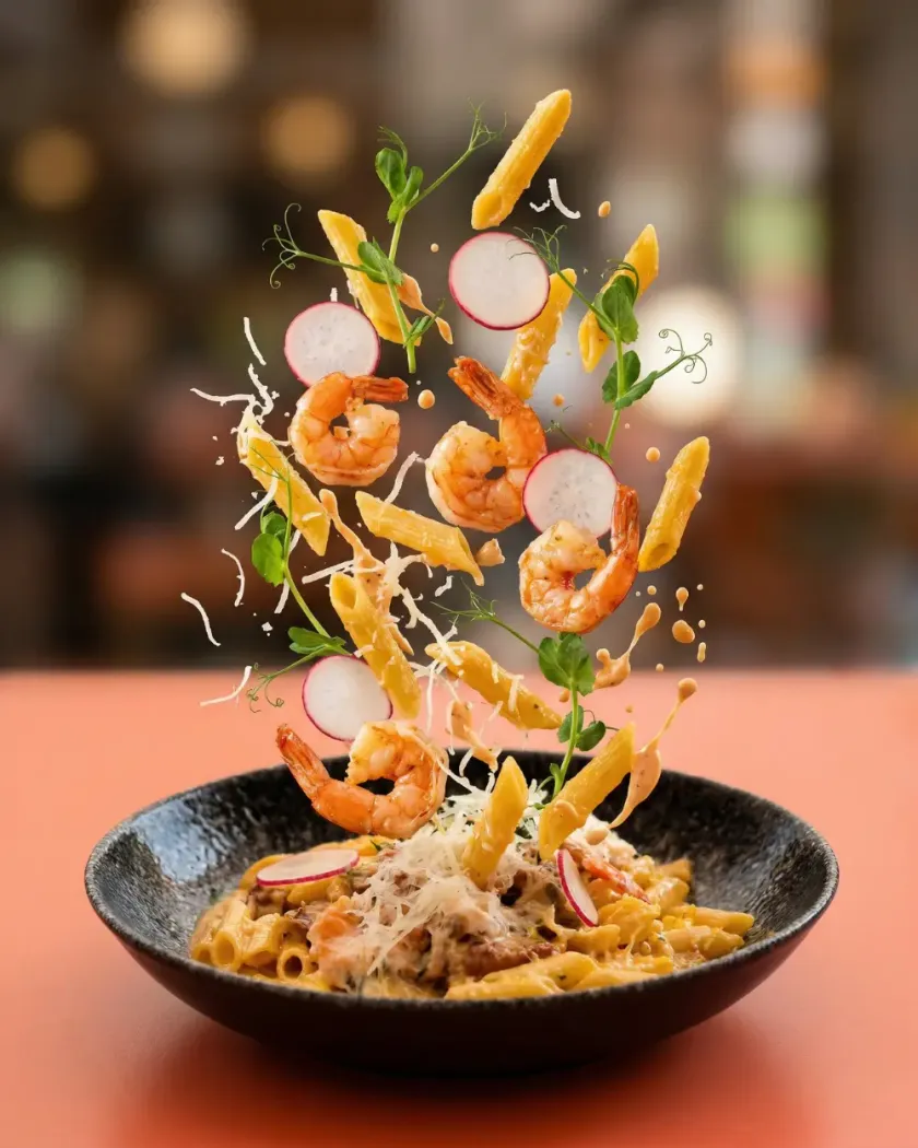 Penne cu creveți: poza obișnuită și varianta Food Explosion, cu pastele și creveții sărind din farfurie, după