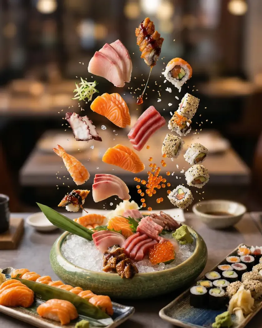 Platou de sushi și sashimi: poza de sus, de pe masă, și cadrul Food Explosion, cu bucățile ridicate deasupra platoului, după