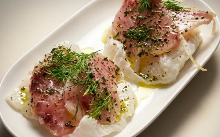 Carpaccio de pește feliat cu verdeață, pe farfurie ovală albă, pe fundal deschis