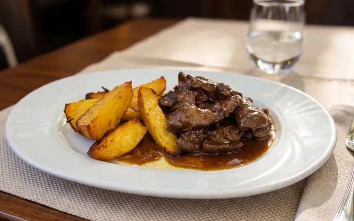 Friptură cu cartofi wedges pe masa unui restaurant, cu fundalul cald și estompat