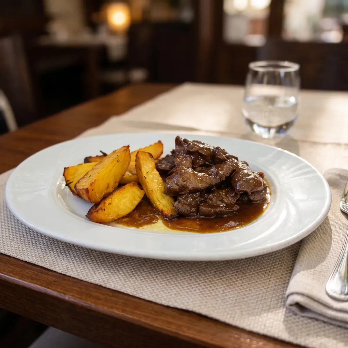 Friptură cu cartofi wedges pe masa unui restaurant, cu fundalul cald și estompat
